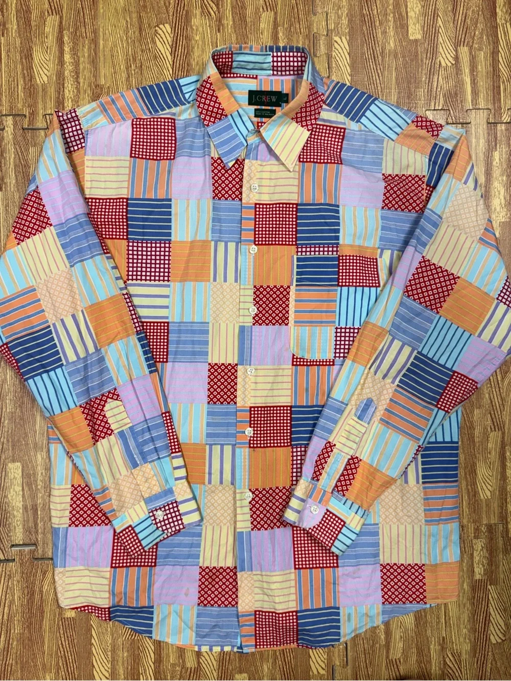 Vintage J Crew Oarsman Cotton Patchwork Plaid Button Dress Shirt Mens L Preppy